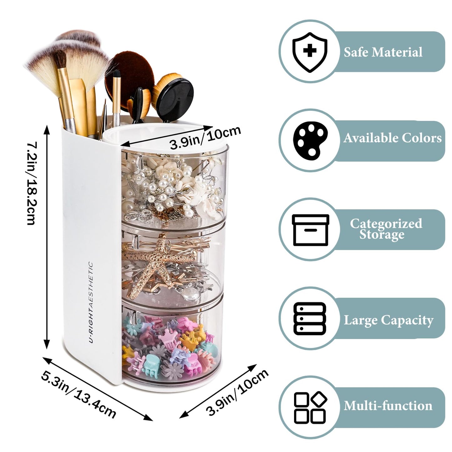WCHOSOZH 3-Tier Clear Hair Accessories Organizer with Hair Brushes Holder, Rotatable Drawer Makeup Sponge Holder Desktop Organizer Case for Makeup Brush Lipsticks Q-tip Cotton Swab Stationery (White)