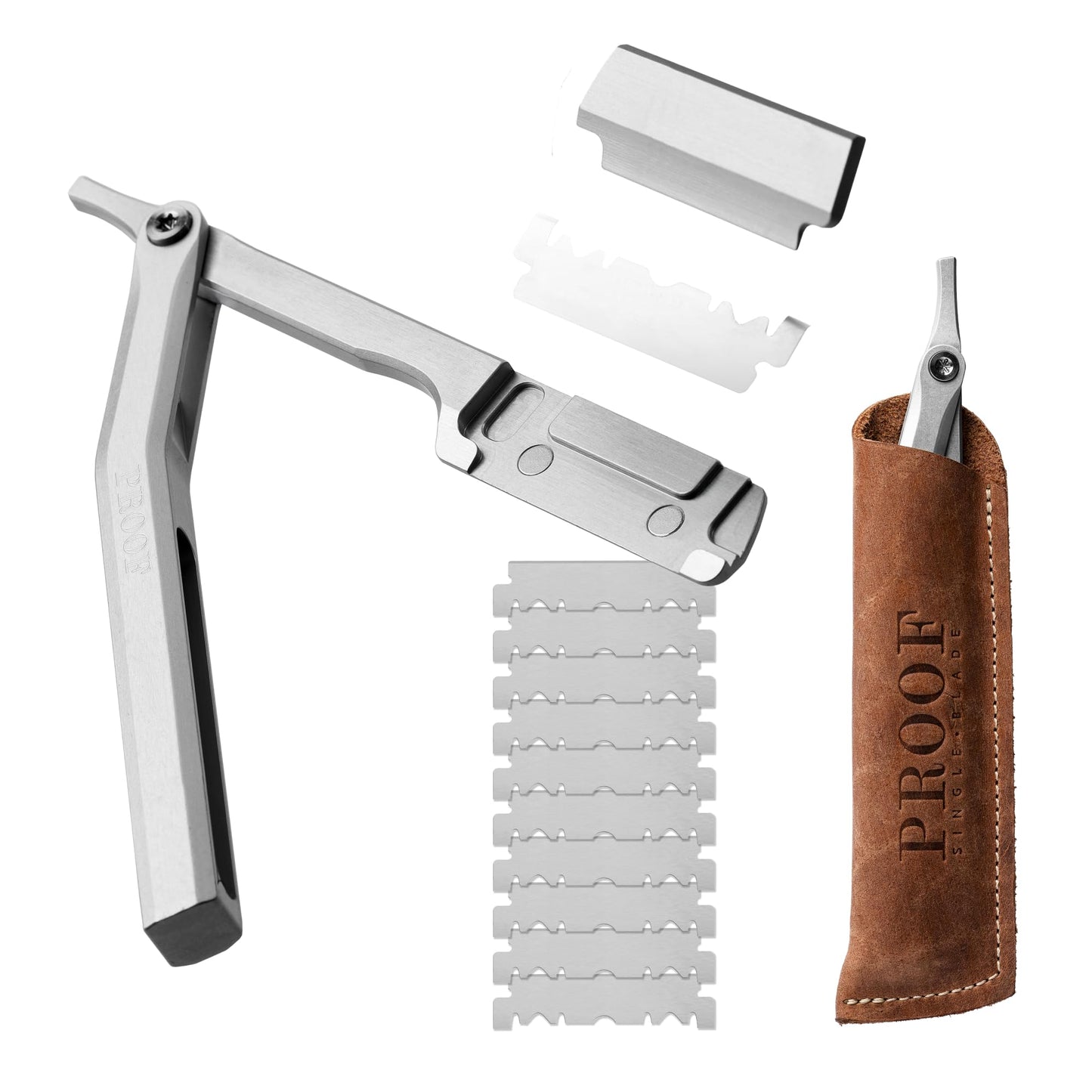 Proof Straight Razor for Men - CNC Machined Aluminum Single Blade Shaving Razor with Scalloped Edge, Lightweight Ergonomic Handle for Beard Shaping, Neck & Barber Style Shaves, Includes Leather Sleeve