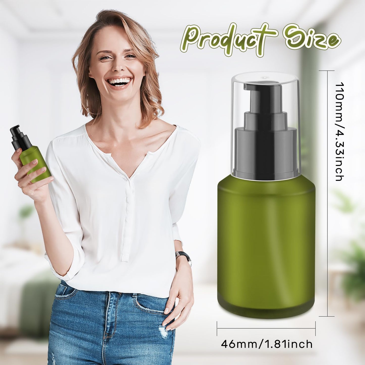 BOSMIOW 5 Pieces 60ml/2oz Empty Green Glass Lotion Pump Bottles,Refillable Essential Oil Jars with 1 Funnel and 1 Pipette,Cosmetic Sample Containers for Foundation,Cream,Gel,Shampoo