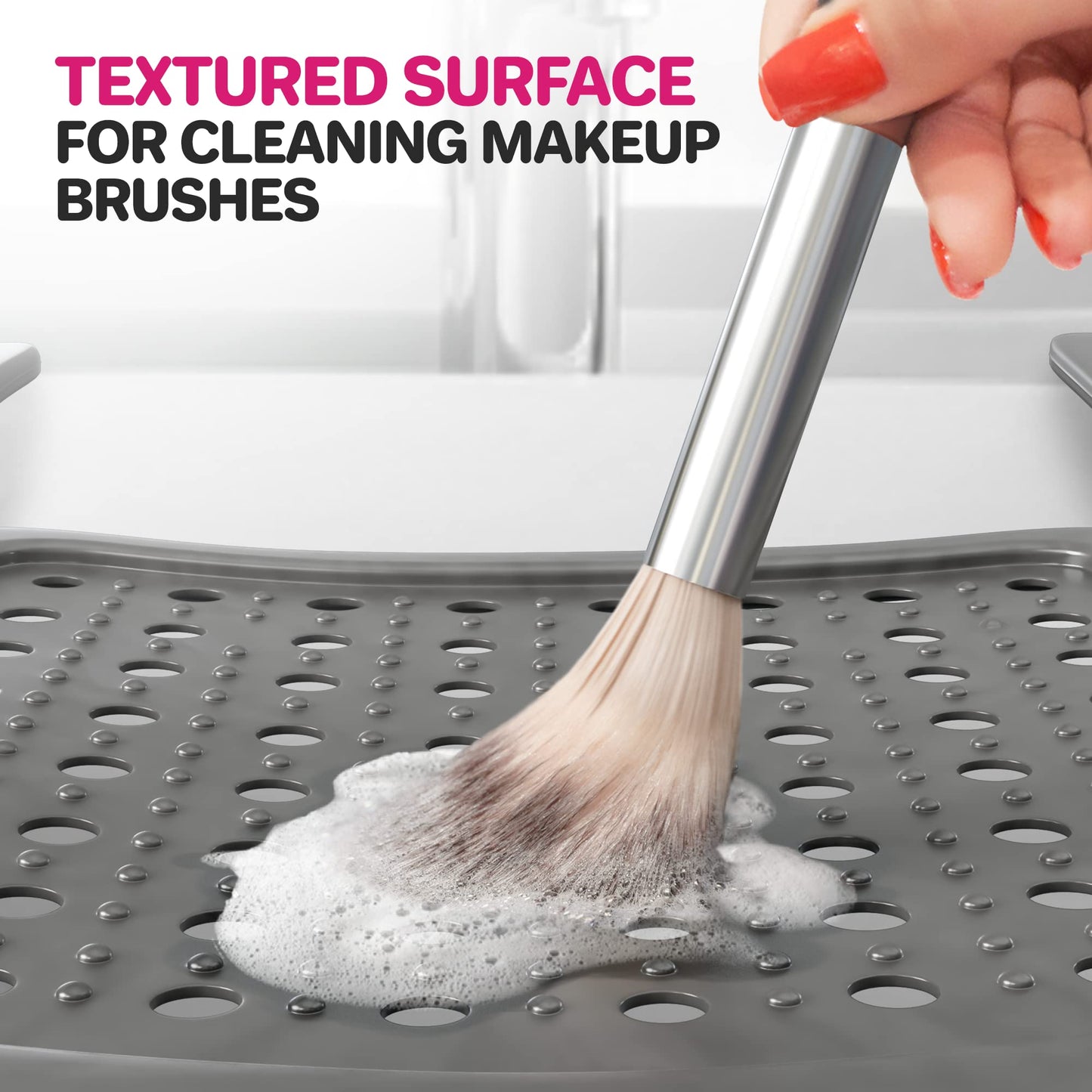Sink Topper Bathroom Counter Cover & Storage Saver, Foldable Silicone Mat for Hot Tools, Hair Styling & Makeup, Beauty Brush Cleaning Mat, RV Camper Sink Cover & for Small Spaces (Large Silver)