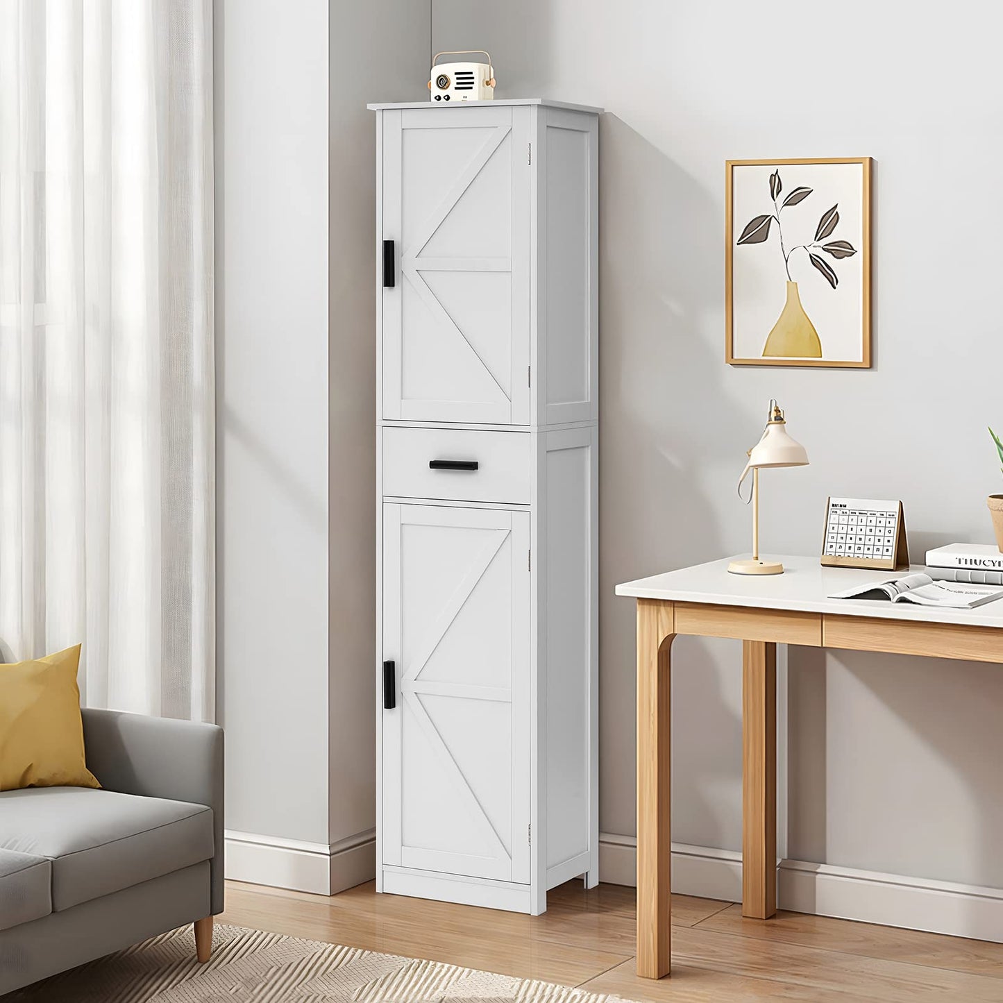 WEENFON Tall Bathroom Cabinet, Storage Cabinet with 6 Shelves & Drawer, Bathroom Storage Cabinet with Adjustable Shelves, Tall Cabinet for Living Room, Home Office, White