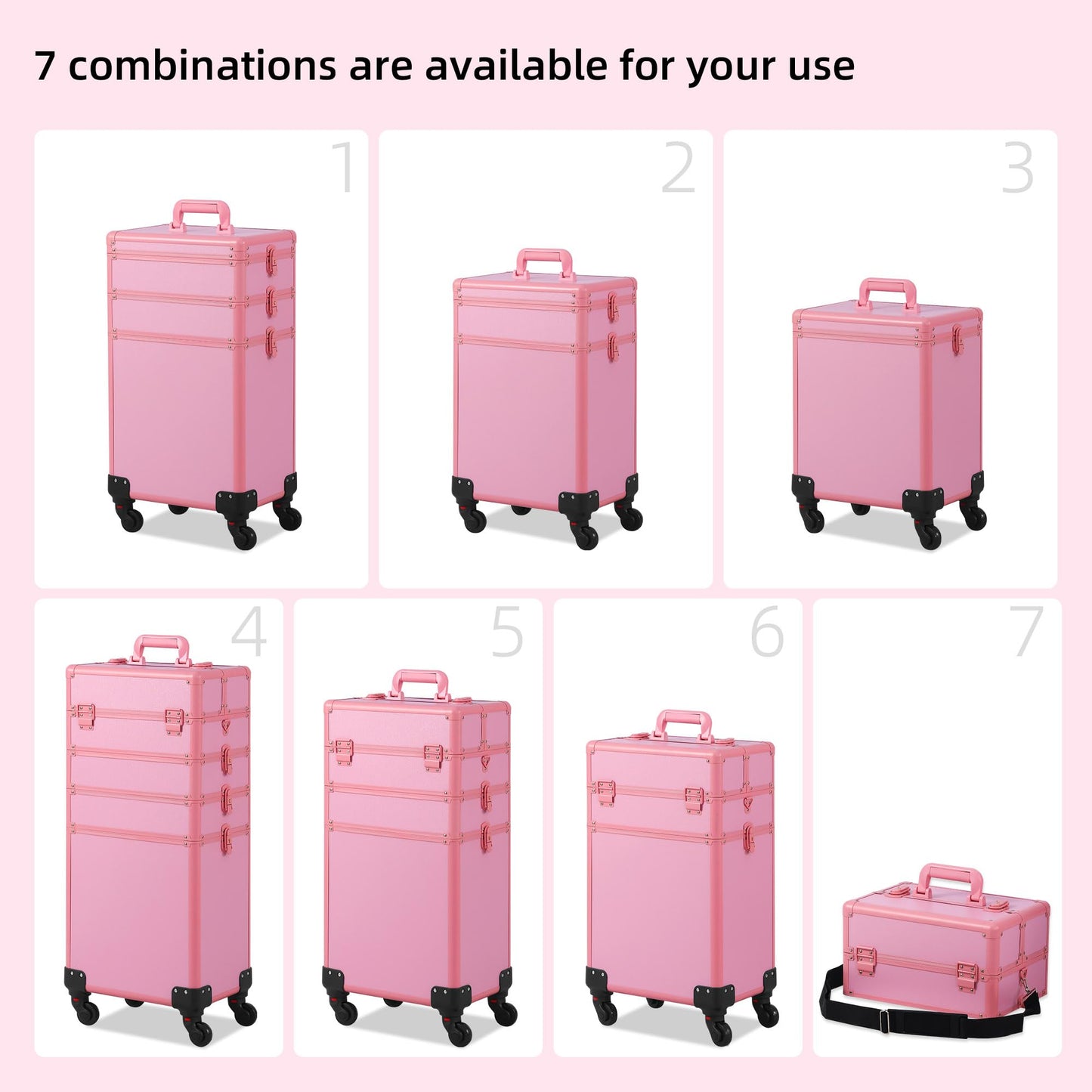 Somduy Makeup Train Case, Rolling Makeup Case with Lid, 5 in 1 Cosmetology Case on Wheels, Christmas Gift, Large Makeup Case Organizers, Profesional Cosmetic Case for Salon Barber, Pink