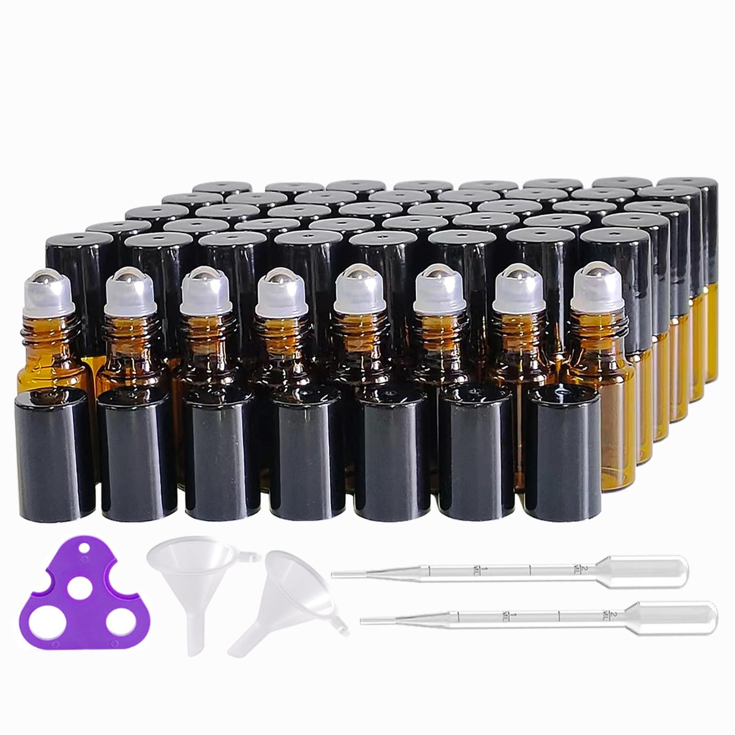 AGENIZ 50Pcs Amber Glass Roller Bottles for Essential Oils 3ml Glass Roll on Bottles with Stainless Steel Roller Balls Mini Sample Vials Cosmetics Small Container (Amber, 3ml)