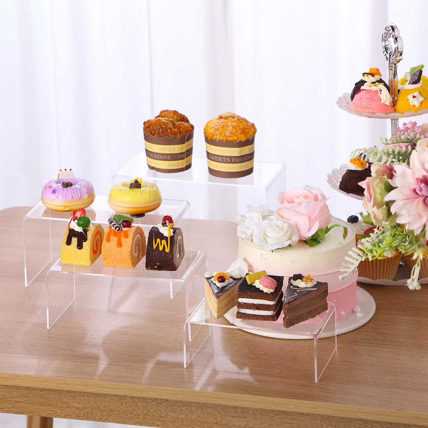 Chuangdi 20 Pcs Acrylic Display Risers, Clear Plastic Product Stand, Food Display Riser for Table Party Jewelry Shelf Decor for Figure Dessert Cupcake Candy Action Showcase(Clear,Super Large Set)