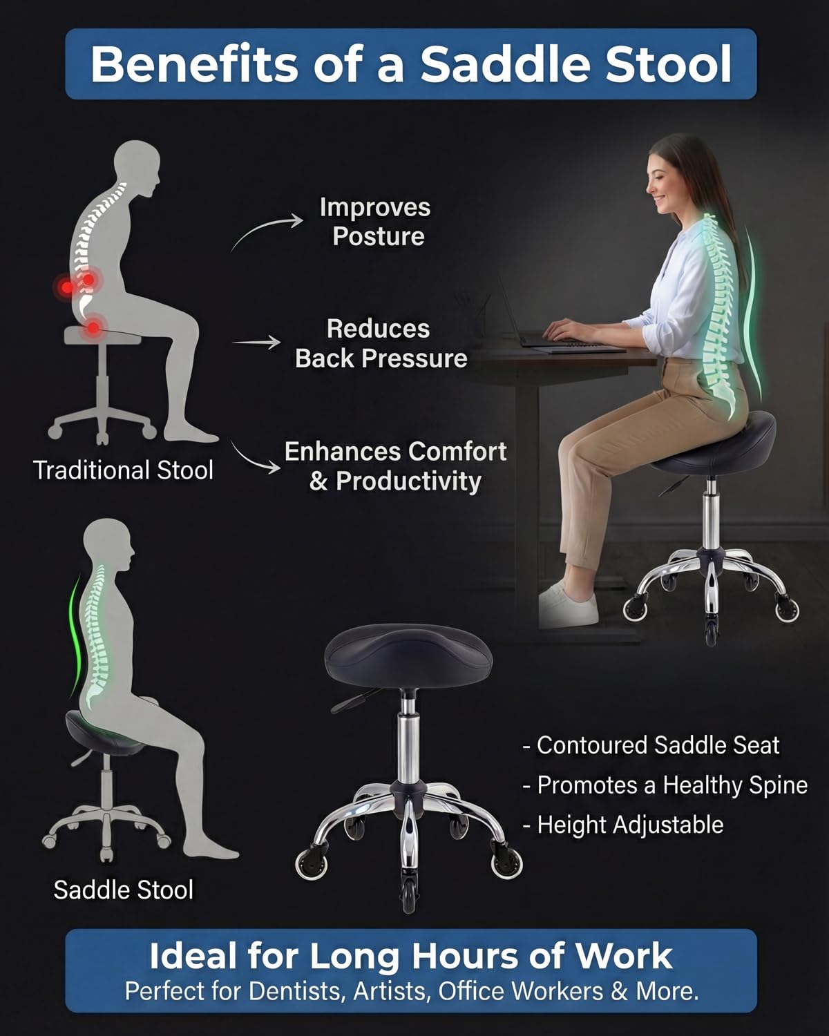 Towning Saddle Stool Chair, Ergnomic Stool with Wheels, Rolling Salon Stool Chair with Comfortable Seat Padding, Height Adjustable Saddle Chair for Hair Stylist Kitchen Spa Drafting Office Home