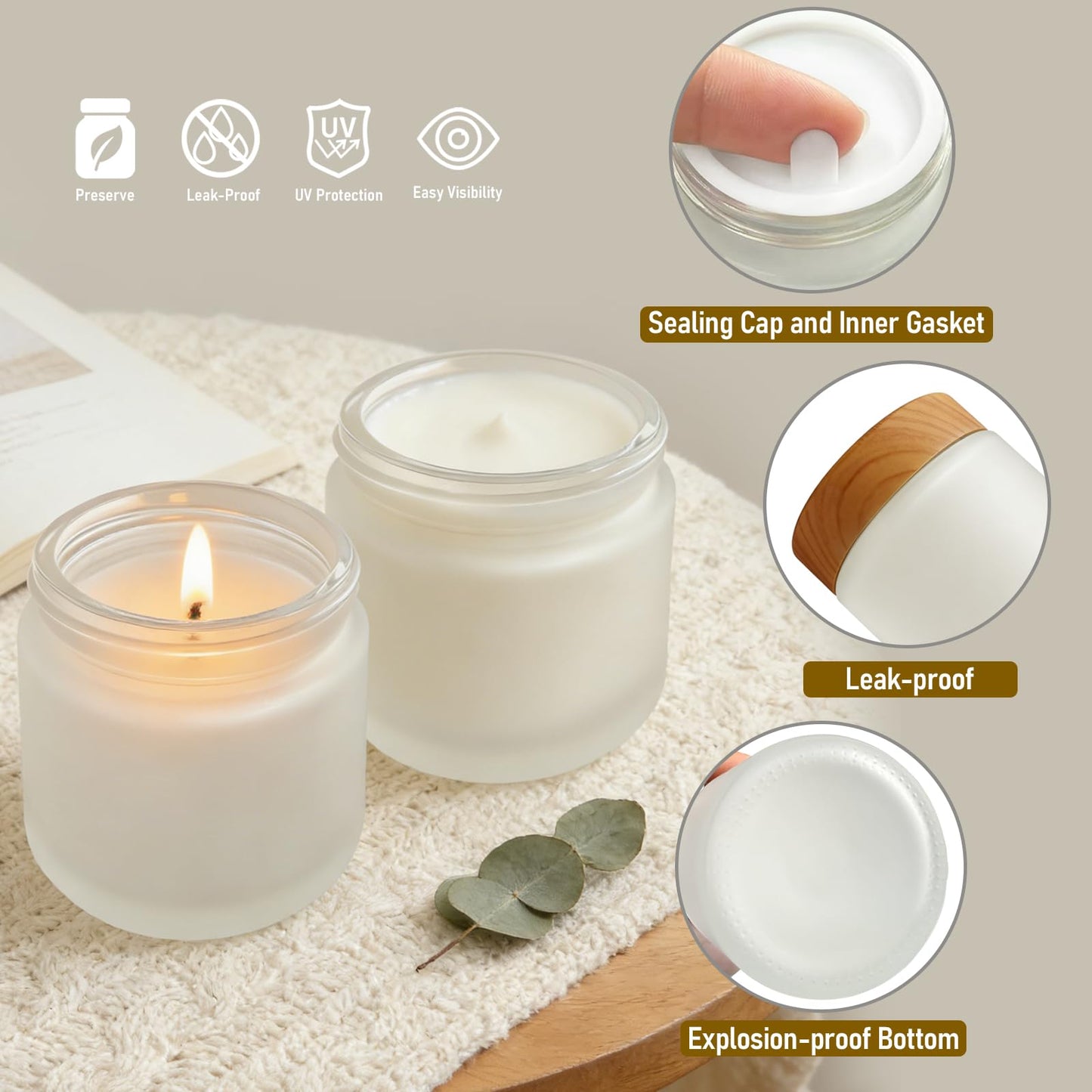 6 Pack Glass Cosmetic Jars, Frosted Glass Cosmetic Jars with Woodgrain Lids - 1oz, 2oz, 4oz Refillable Cream Containers, Leakproof Travel Jars for Skincare, Makeup, Lotion