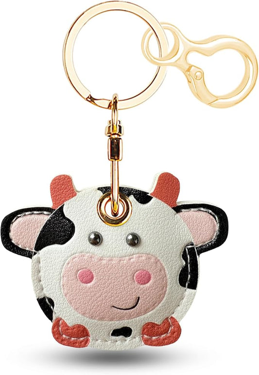 Leather Keychain for Airtag, Cute Protective Keychain Holder Compatible with Apple Air Tag,GPS Item Tracker Case Cover for Keys,Bags,Pets,Luggage(Cow)