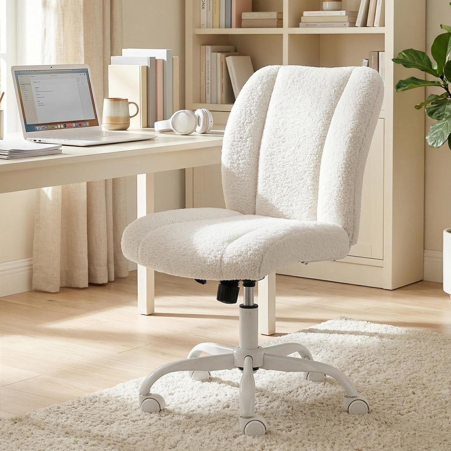 KRAMZMING Vanity Chair with Wheels, Armless Office Chair Height Adjustable, Cute Desk Chair with Soft Lumbar Support for Small Space, Bedroom, Make-up Room, White