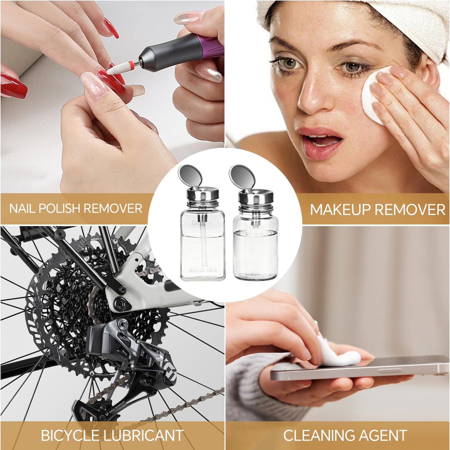 2 Pcs Clear Pump Dispenser Bottles (180ml/6Oz + 100ml), Glass Push Down Liquid Dispenser with Metal Flip Cover, Refillable Press Container for Nail Polish Remover, Makeup Remover & Lotion