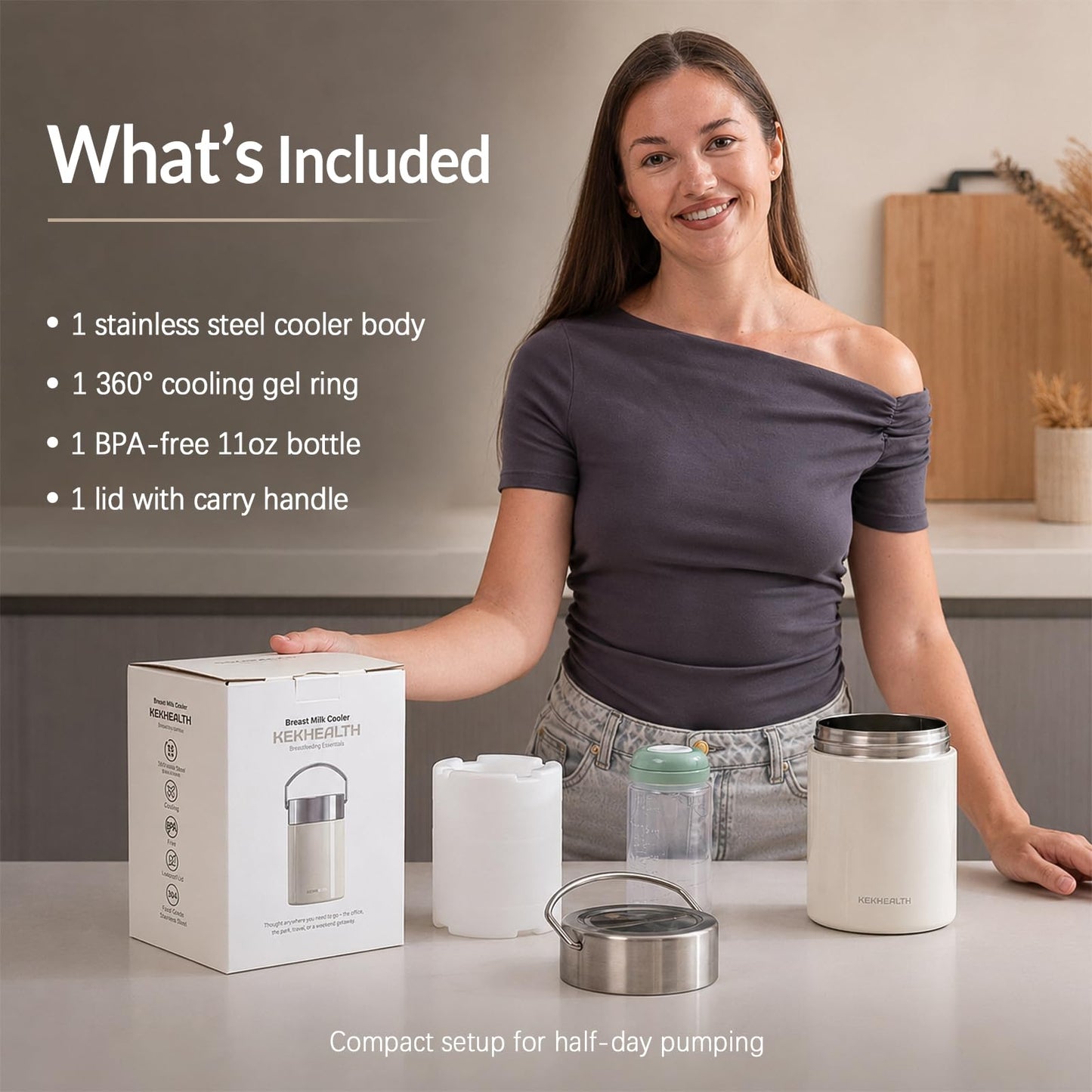 KEKHEALTH 11oz Stainless Steel Breast Milk Cooler, 360° Cooling Gel Ring, 14-Hour Cold Storage, BPA-Free 11oz Bottle, Leak-Proof Portable Cooler for Half-Day Pumping, Work & Travel