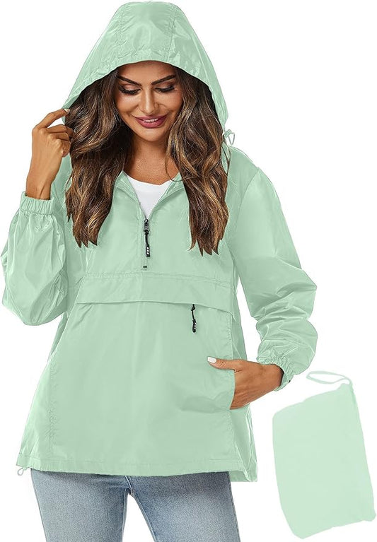 Avoogue Womens Rain Jacket with Hood,Pullover,Packable,Lightweight,Windbreaker,Waterproof,Breathable.