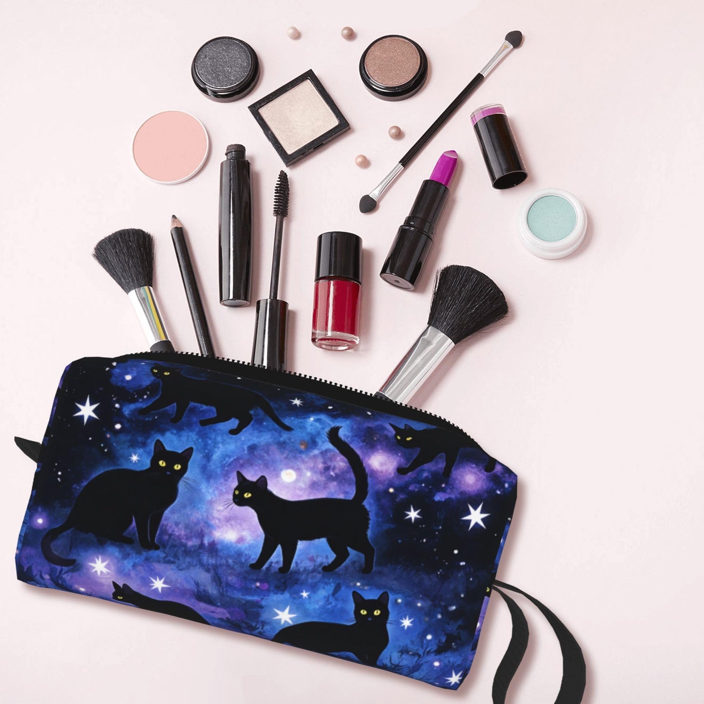 OLUSENMO Black Cats Galaxy Stars Makeup Bag for Women - Durable 600D Oxford Fabric Cosmetic Organizer,Compact Travel Pouch with Handle for Gym & Daily Use