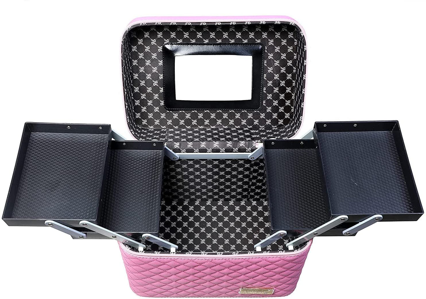 Sooyee Makeup Bag Cosmetic Bag with Mirror, 4 Layer Foldable Tray Makeup Organizer Open to the Sides, Makeup Travel Bag for Women, Train Case, Pink