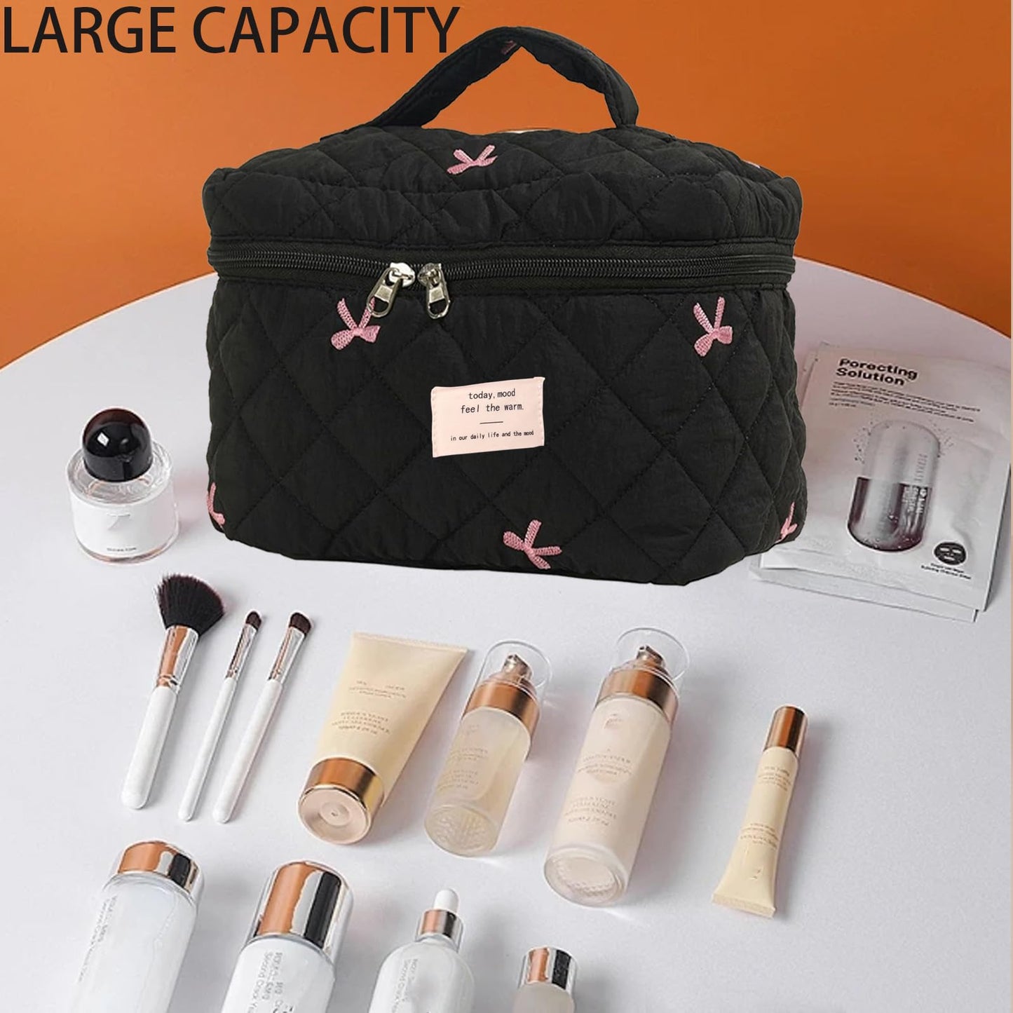 AMULOKRU Large Makeup Bag, Cute Cosmetic Bags for Women, Floral Quilted Makeup Bag, Coquette Aesthetic Toiletry Bag,Travel Makeup Organizer Bags-Black