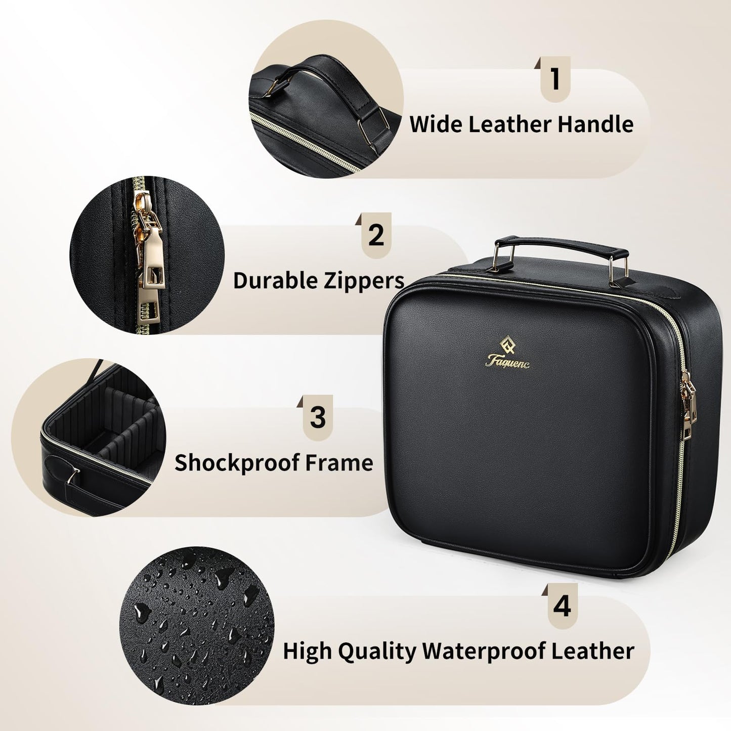 Faquenc Makeup Bag with LED Lighted Mirror 10.2-in Travel Makeup Bag Train Case Adjustable Brightness in 3 Colors Cosmetic Organizer Case Artist Storage Bag with Dividers Brush Holder Bag Vanity Black