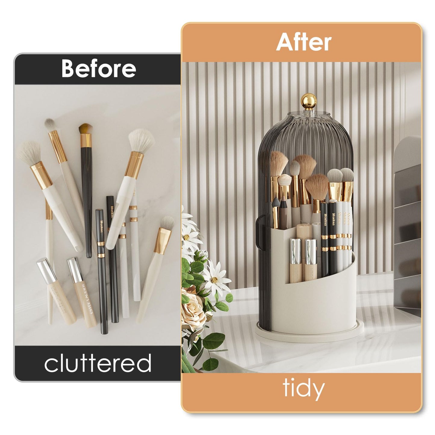 YOOLENS Makeup Brush Holder with Lid 360 Rotating Clear Dustproof Make Up Organizers for Vanity Bathroom Countertop, Gray