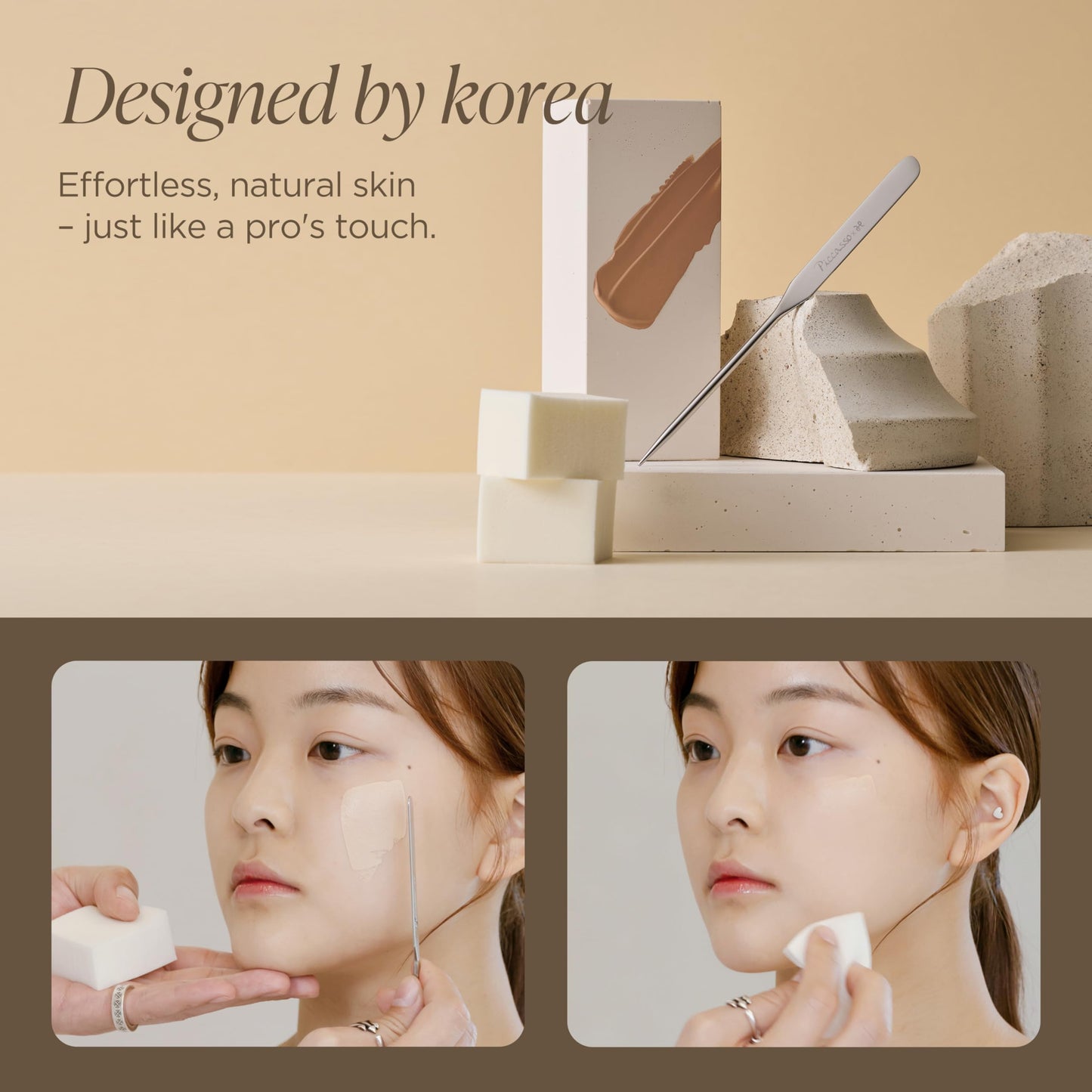 Piccasso Professional Makeup Spatula Sponge 2 Set - Stainless Steel Foundation Spatula for Thin & Seamless Base - K-Beauty Korean Tool for Flawless Finish - Includes Leather Case