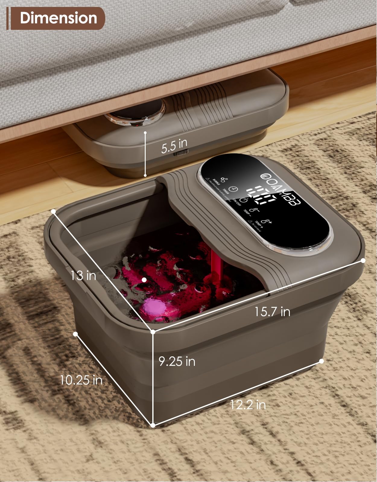 OOAMBB Collapsible Foot Spa with Heat, Bubble and Temp Control, Foot Bath Massager with XL Touch Screen and Massage Rollers, Foot Soaking Tub, Pedicure Foot spa for Stress Relief (Grey)