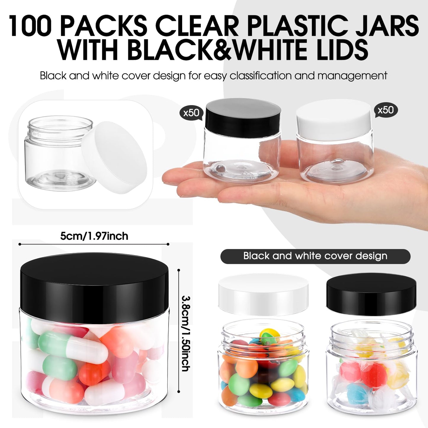Meanplan 100 Pcs 2 oz Plastic Jars with Lid Mini Mason Jars with Lids Clear Round Cosmetic Container for Travel Storage, Lotion, Cream, Kitchen Use, DIY(Black, White, Pp)