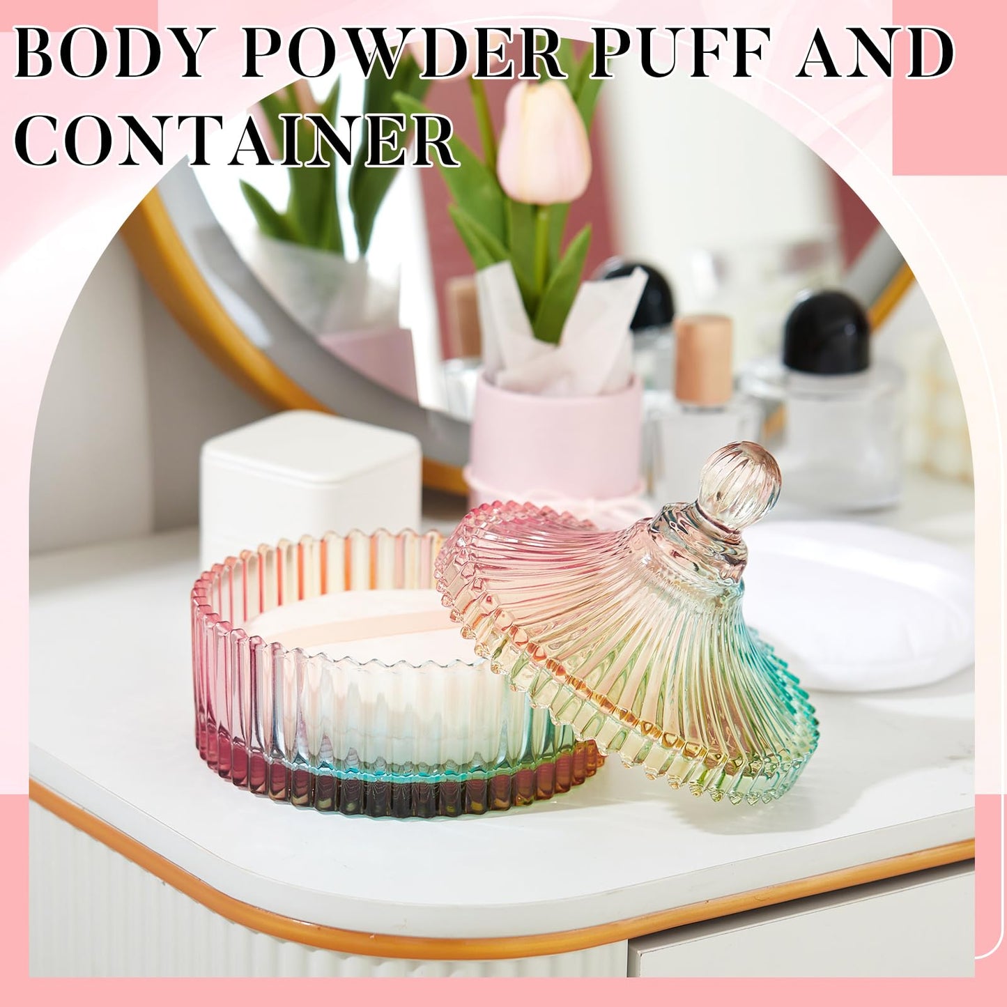Tioncy 3 Pcs Extra Large Body Powder Puff and Container 5.43'' Glass Body Container with 5.12'' Powder Puff Glass Jar for Women's Talcum(Classic,Coloured Glaze)