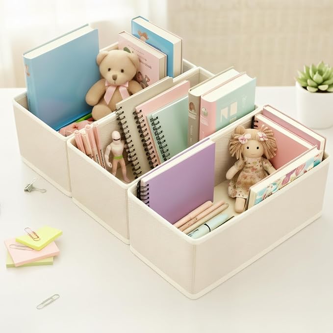 Dresser Drawer Organizer 3-Pack Beige - Foldable Small Storage Bins for Socks, Underwear & Bras, 11" Fabric Dividers for Closet
