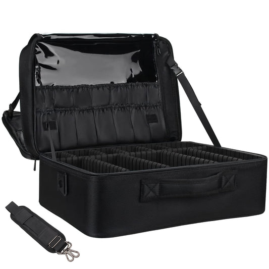 Relavel Extra Large Makeup Case, Professional Makeup Artist Bag Double Layer Compartment Cosmetic Travel Organizer Bag Makeup Brush Storage Holder with Adjustable Dividers and Shoulder Strap, Black