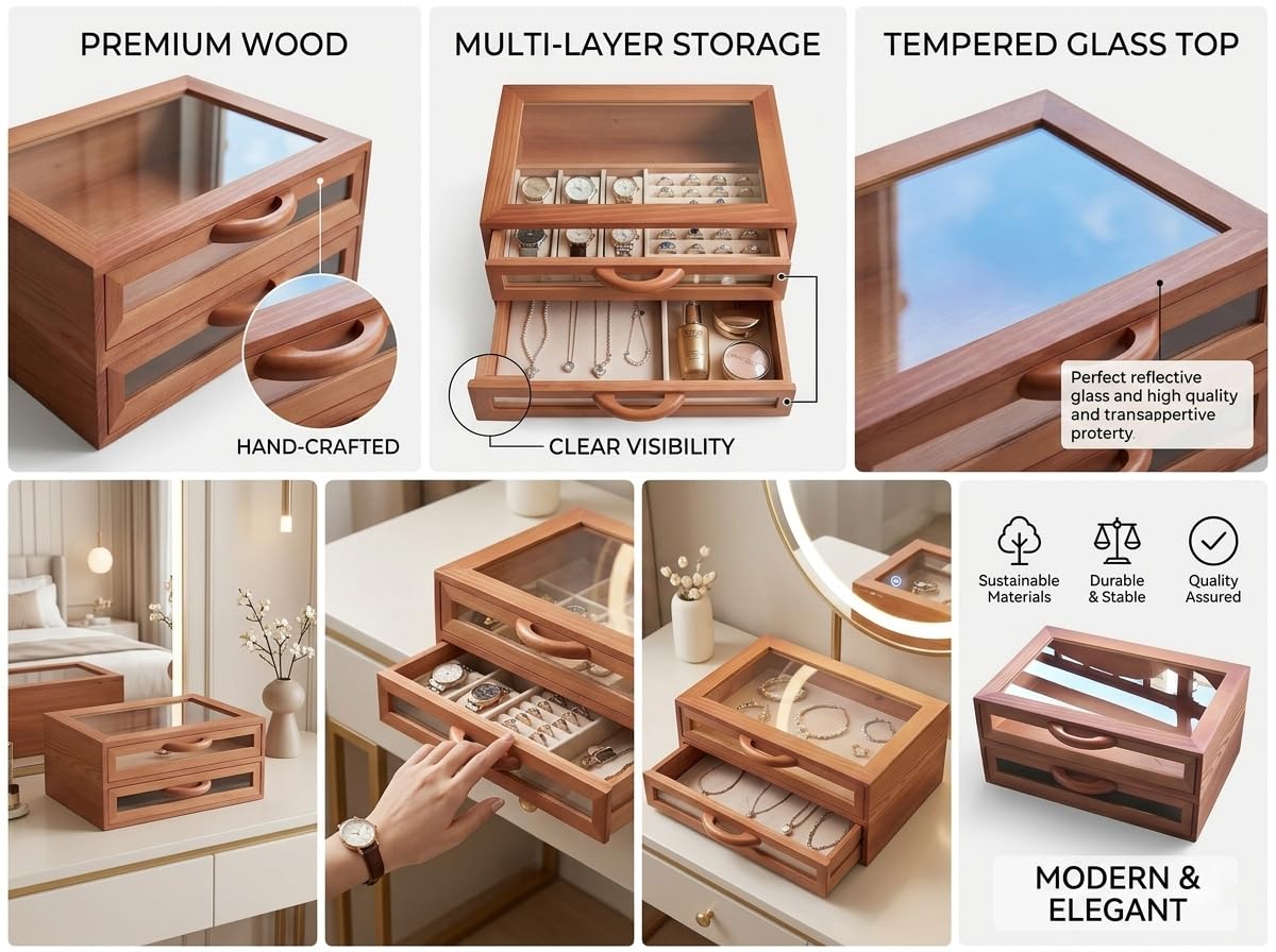 MXWLEIEL Wood Stackable Storage Drawers,Clear Lid Acrylic Makeup Organizer for,Desk Organizers, Beauty Supplies,Makeup Palettes,Home Organization (2, Wooden Orange)