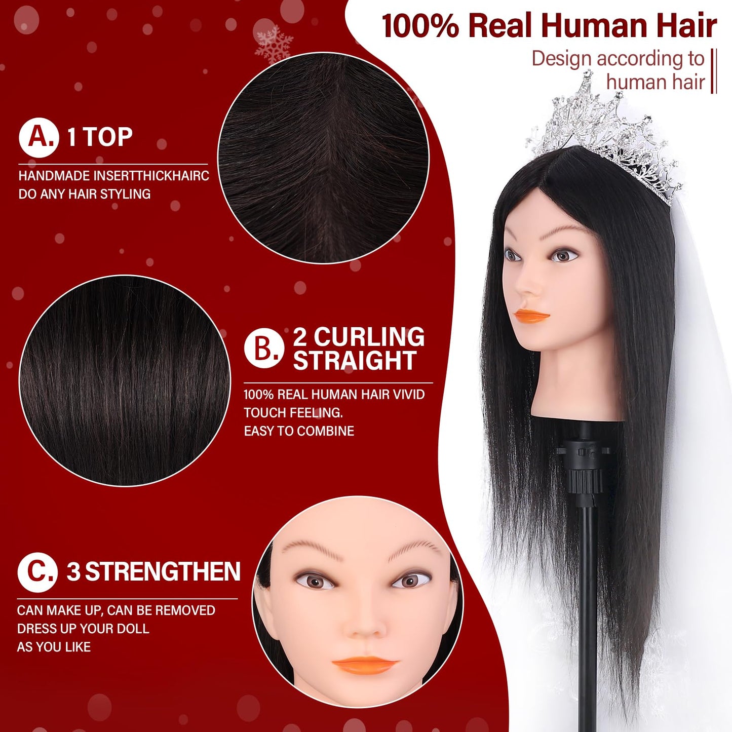 Mannequin Head with 100% Human Real Hair, Cenoz 18" Hairdresser Cosmetology Training Head with Stand and Tool, Manikin Training Practice Head, Doll Head for Hair Styling （Black）