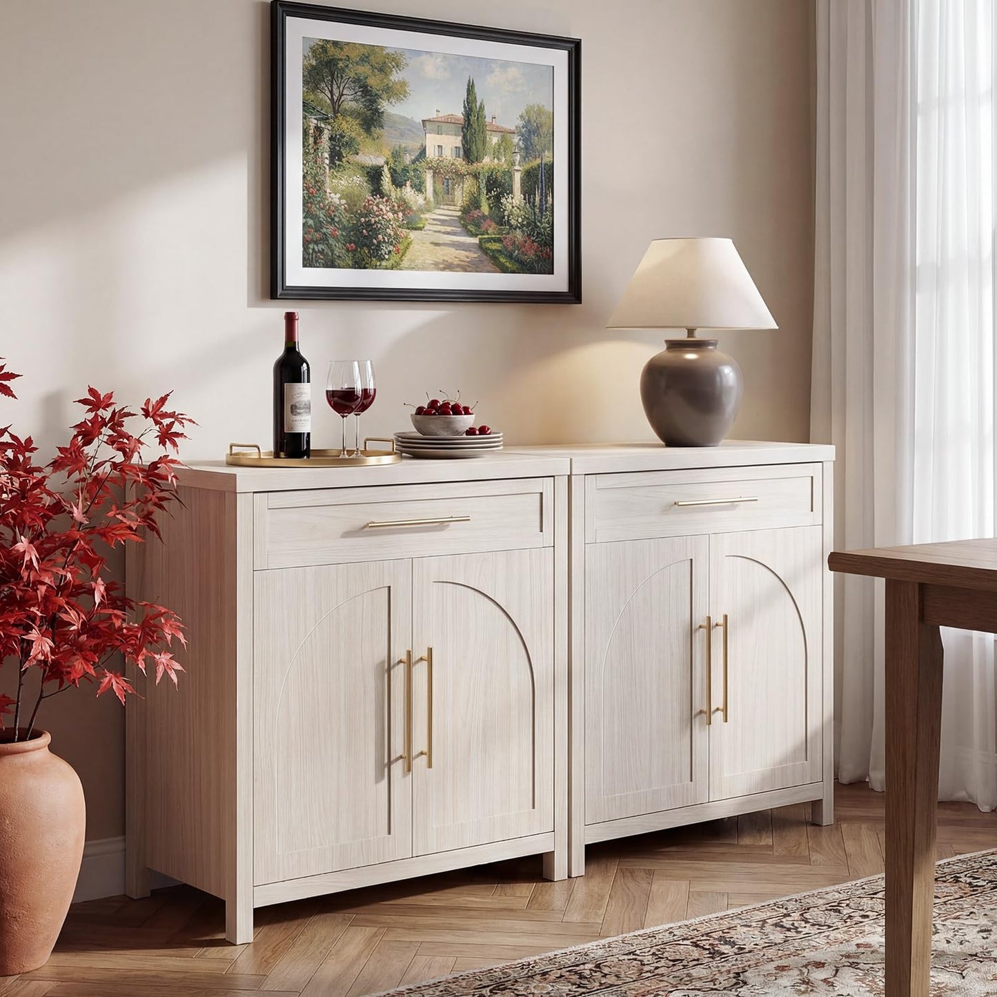 Madaha Mid-Century Modern Sideboard, 2-Door Accent Storage Cabinet with Arched Natural Wood Texture, Small Buffet Cabinet for Entryway, Living Room & Dining Room, White