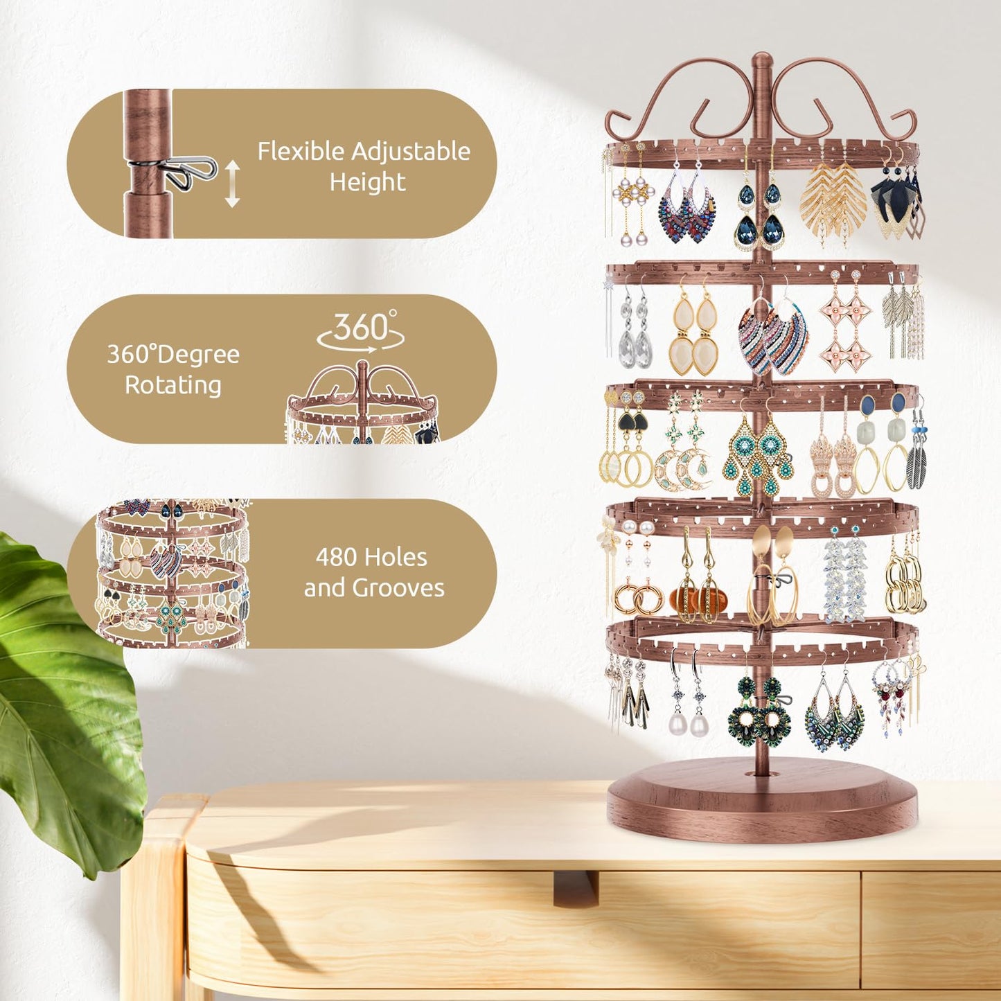 LASZOLA 5 Tier Bronze Earring Holder Organizer Tree Women Display Storage for Stud and Hoop, Large Cool Rotating Clip Stand for Pierced and Dangle Earring, Vertical Metal Tower Carousel with 400 Holes