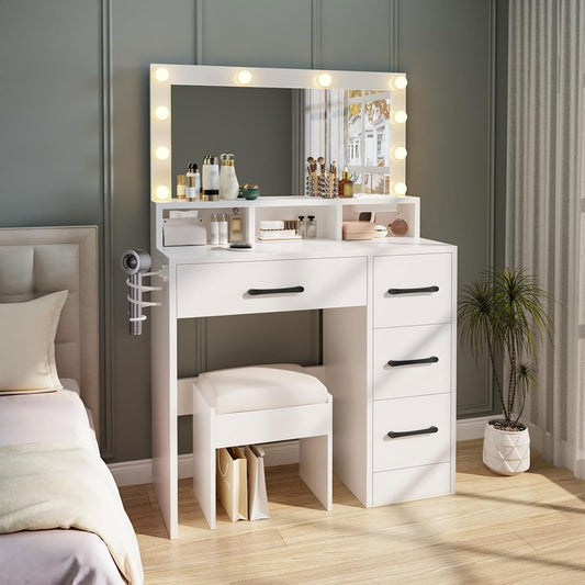 Skemic Big Vanity Mirror Desk with 4 Drawers Makeup Vanity Desk and Chair Makeup Vanity Desk