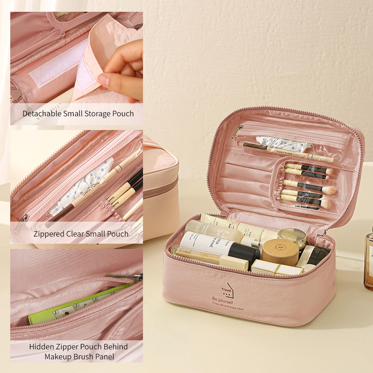 PLOPONOM Makeup Bag Large Capacity Travel Toiletry Bag,Double zipper Cosmetic Bag with Handle,Pink Women's Travel Makeup Organizer,Cute Lightweight Makeup Pouch,Portable Skincare Storage Bag