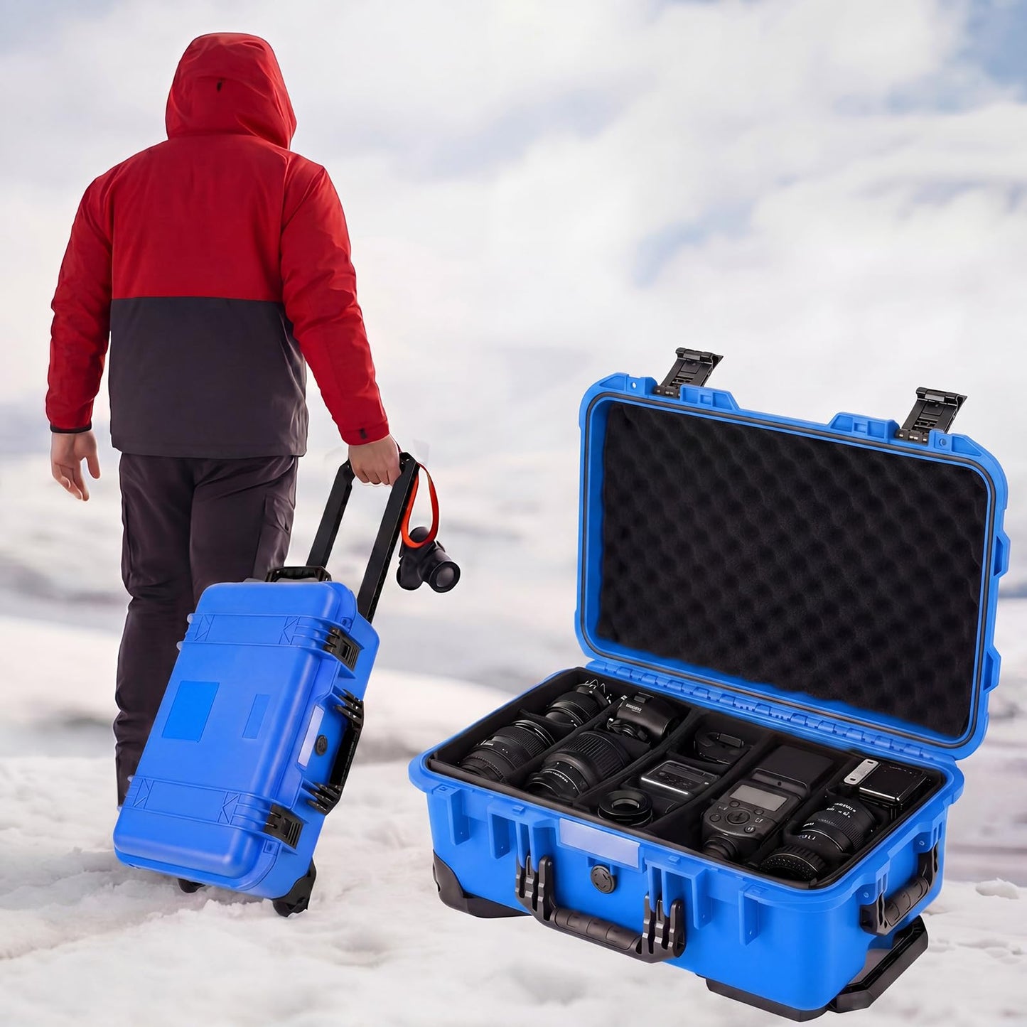 Relaxweex Rolling Camera Hard Case with Padded Dividers & Wheels, Impact-resistant Hard Shell Travel Case for Cameras, Lenses & Accessories(22 x 14 x 9 Inch,Blue)