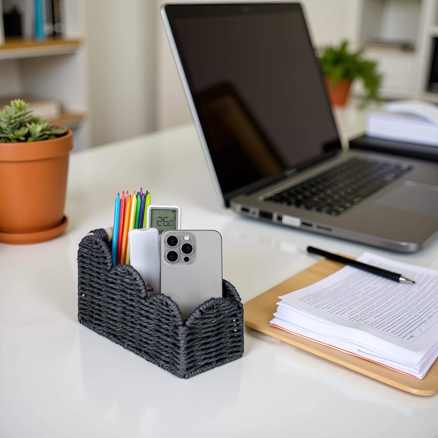 CubesLand Bedside Table Desk Organizer Caddy, Remote Pen&Pencil Holder Cup, Makeup Brush Holder w/Scalloped Perfect for Home, Office Desk, Living Room Table Decor, 3 Slots Black