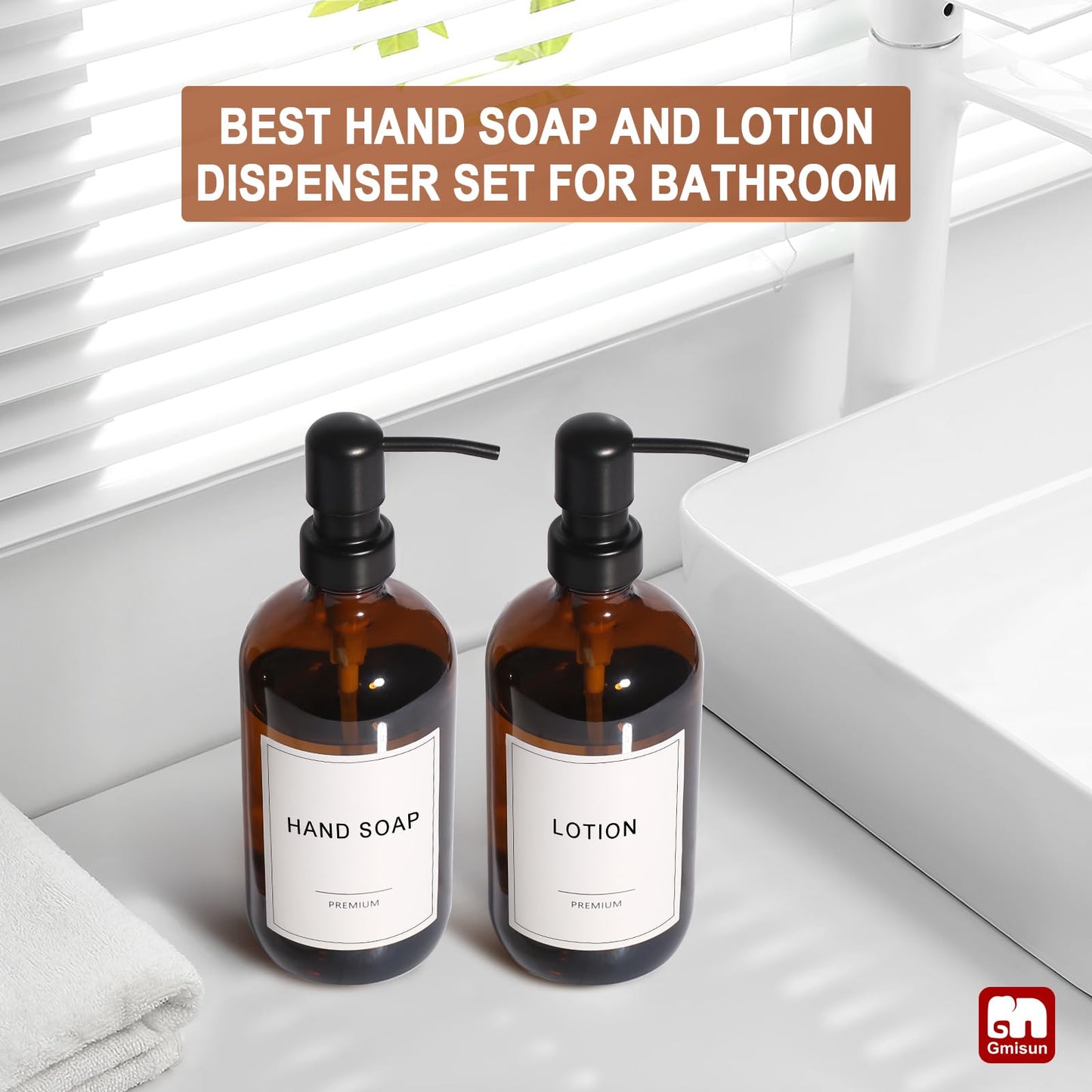 GMISUN Amber Glass Soap Dispenser, 6 Pack Bathroom Hand Soap Dispensers with Stainless Steel Pump, 17 Fl Oz Kitchen Hand and Dish Soap Dispenser Set, Modern Vintage Liquid Brown Soap Dispensers Bottle