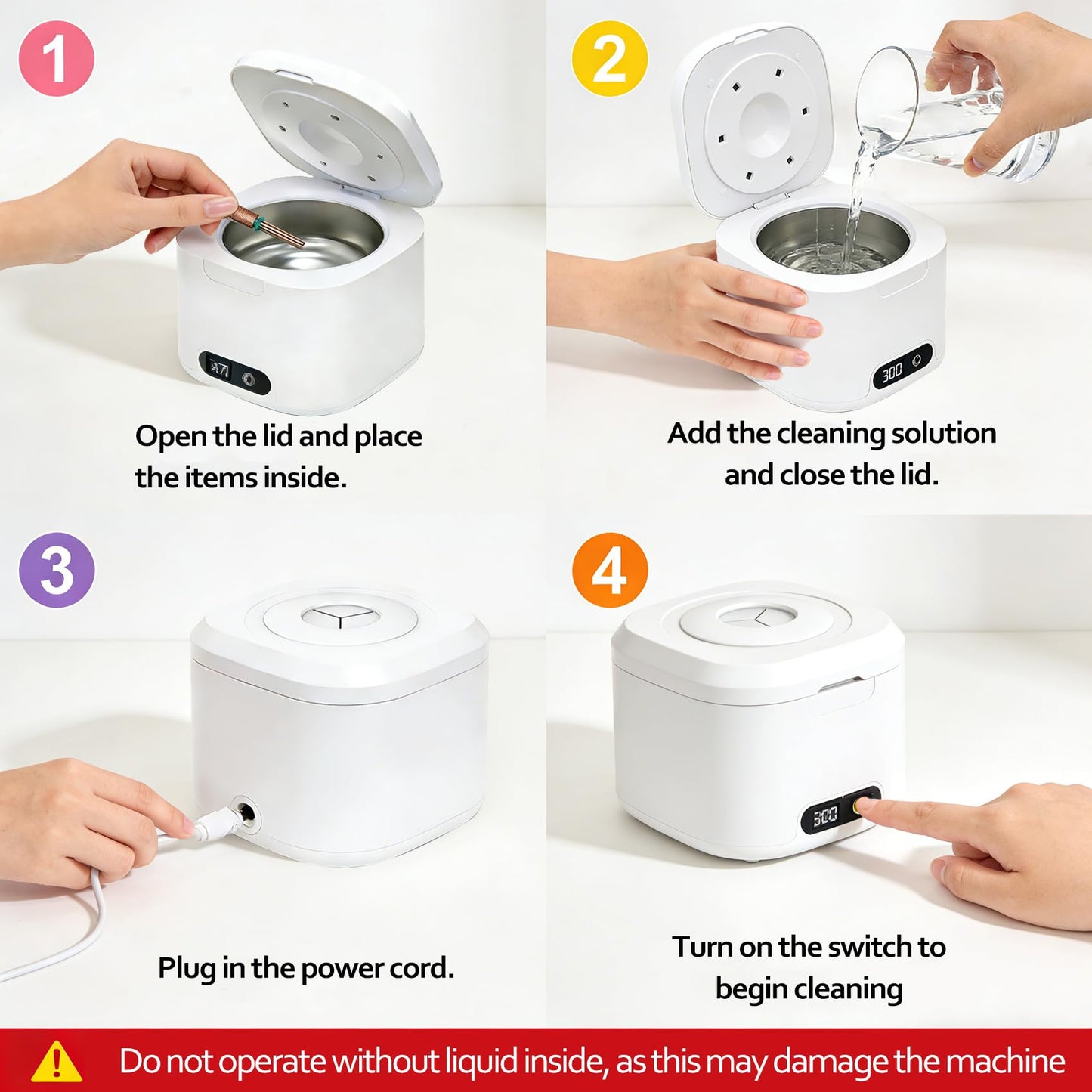 2-in-1 Nail Tools Cleaner Machine with 4 Timers Mode, 49kHz High-Frequency Vibration Ultrasonic, for Nail Drill Bits/Brushes/Nail Clippers/Jewelry, etc. Professional Salon & Home Kit, 5 Years Warranty