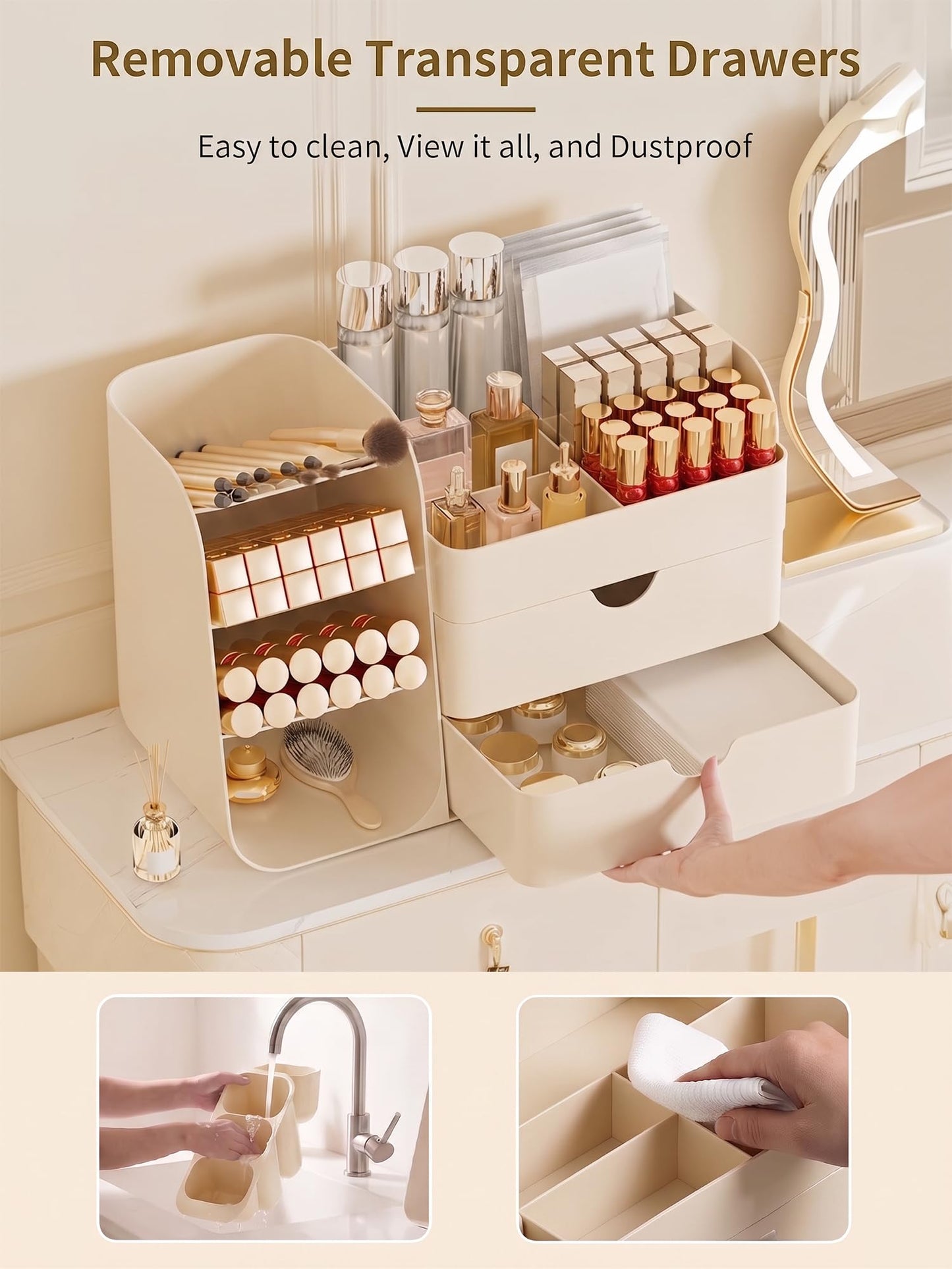 Booklov Makeup Organizer for Vanity, Countertop Cosmetic Display Case with Drawer, Bathroom Counter Beauty Caddy, Comfyroom Table Storage Holder for Skincare, Brush Eyeliner Eyeshadow Lipsticks, Creem