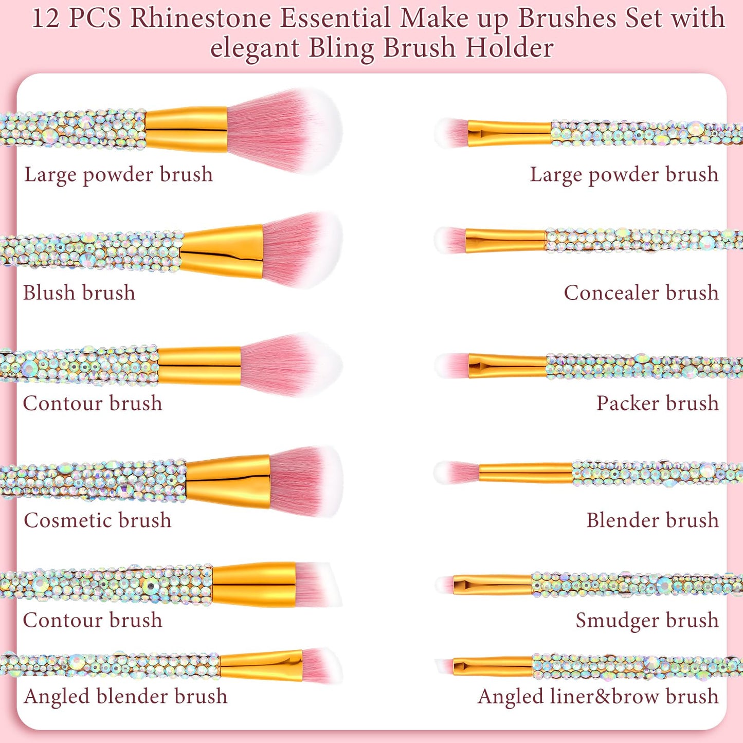 Rtteri 13 Pcs Rhinestone Silver Makeup Brushes Set Yellow Bling Crystal Professional Face Cosmetics Blending Liquid Foundation Powder Concealer Eye Shadows Make up Beauty Tool Glitter with Holder