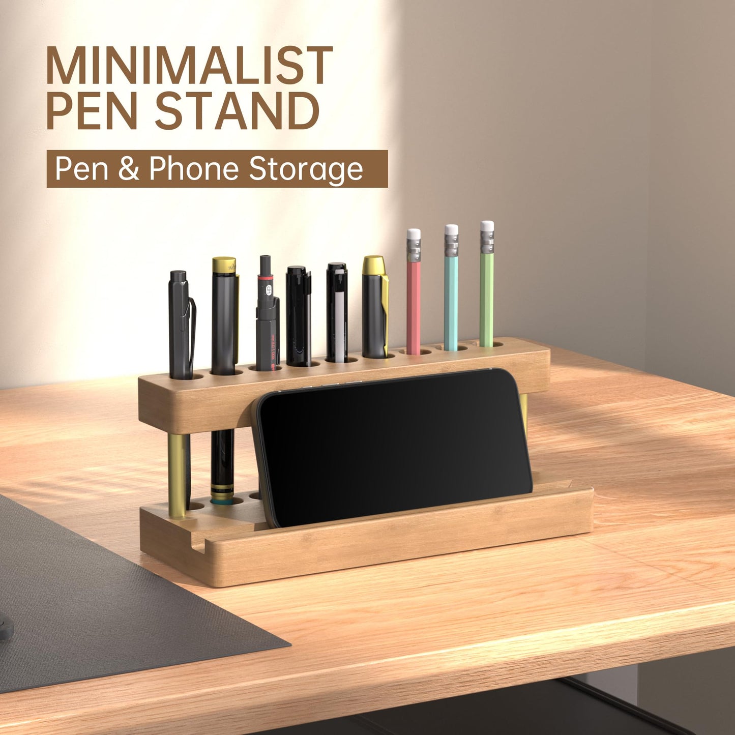 Cewomuc Wooden Holder for Office Desk, Solid Wood Pen Display Stand With 9 Slots and Cell Phone Holder, Aesthetic Pen Organizer for Minimalist Office Desk Decor (Wood+Gold)