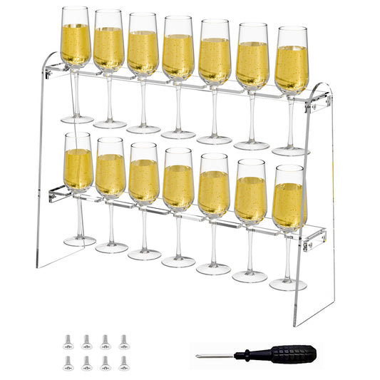 Hexsonhoma 2 Tier Acrylic Champagne Flute Holder Stand with 14 Slots, Stemware Champagne Glasses Display Rack, Tabletop Champagne Wall Holder for Party 50 Fit up to 8oz Champagne Flutes(Glasses Not included)