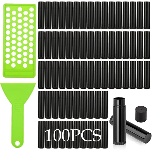 GBACHOOSE 100 Pack Empty Lip Balm Tubes, 5ml/5g Black Chapstick Containers with Filling Tray and Spatula, Twist-Up Refillable Lip Balm Containers for DIY Lip Balm, Lipstick, Solid Perfume