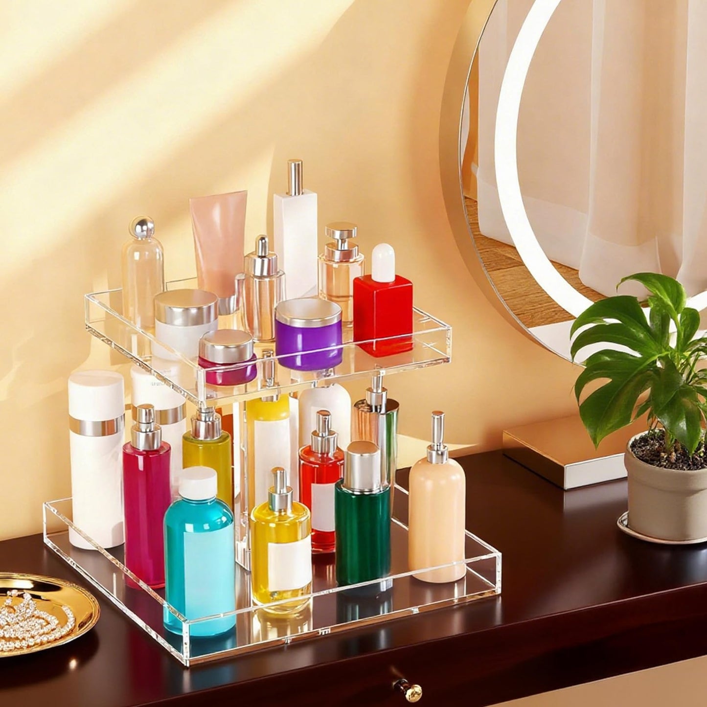 hidyuuoo 2-Tier Acrylic Bathroom Cosmetic Storage Organizer for Dresser and Countertop Standing Perfume Tray for Bedroom Decor