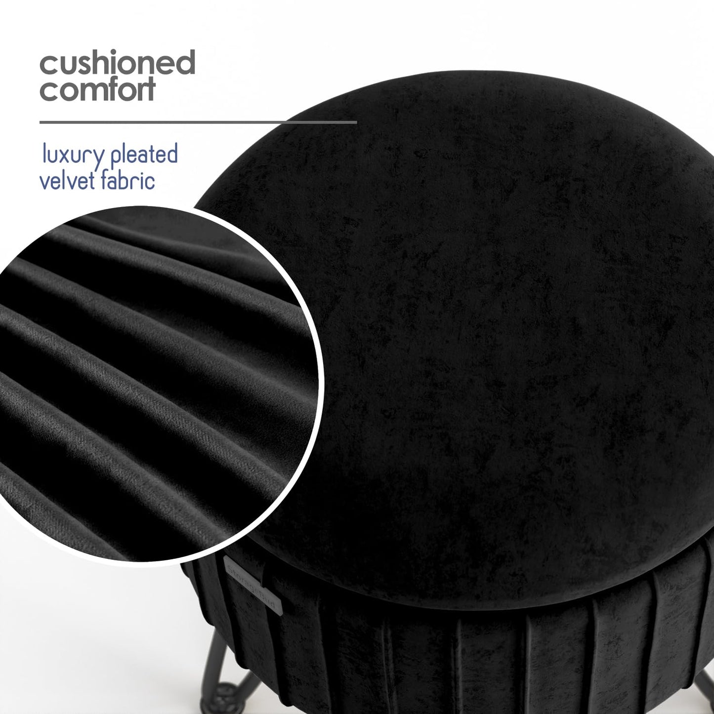 STORAGEBUD Round Ottoman with Storage, Pleated Velvet Storage Ottoman, Foot Stool Ottomans, Makeup Vanity Stool, Small Ottomans Foot Rest, Modern Vanity Stools for Living Room and Bedroom, Black