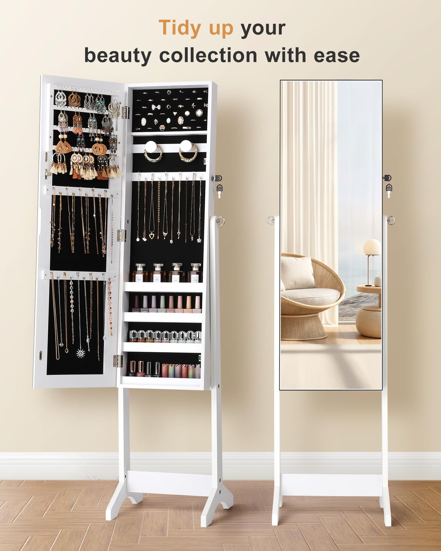 Nicetree Jewelry Cabinet Armoire, Freestanding Jewelry Armoire Organizer with Full-Length Mirror, Lockable Jewelry Storage Cabinet, Frameless Mirror, 3 Adjustable Angles, Moon White