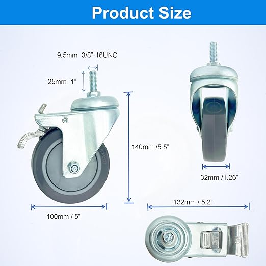 4 inch Swivel Caster Wheels Heavy Duty with Aluminum Brake, 3/8"-16x1 Threaded Stem Casters Set of 4, Polyurethane Grey PU Wheels for Hospital, Lab, Furnitures,Restaurant