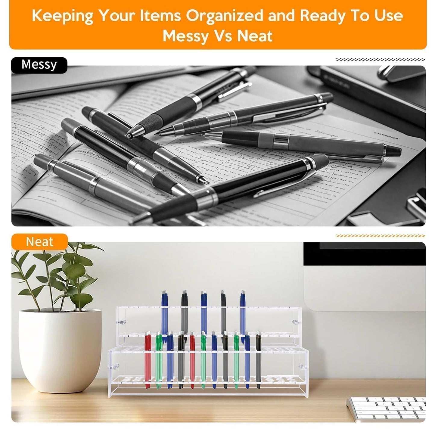 96-Slots Acrylic Pen Holder,2-Tier Pen Display Stand for Craft Shows,12mm Beadable Pens Stand Paint Brush Holder Pencil Organizer Makeup Brush Rack Art Brush Organizer for School Classroom Supplies