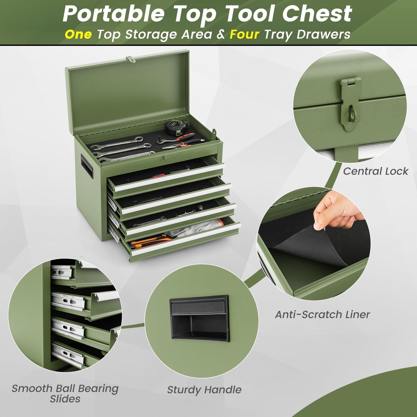 ERGOMASTER 5-Drawer Rolling Tool Cabinet with Detachable Top Toolbox, Lockable Wheels, Lock Bar, Protective Liner & Tool Rack, Metal Tool Storage Cart for Garage Workshop-Green