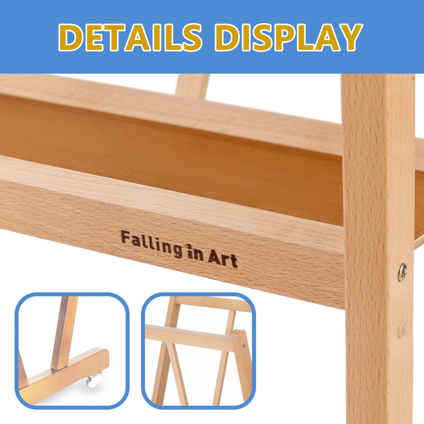 Falling in Art Large Wooden Print Rack with Rolling Casters, Art Drying and Display Storage Rack for Canvas, Prints, Panels, Posters, Shows and Art Exhibitions, Natural