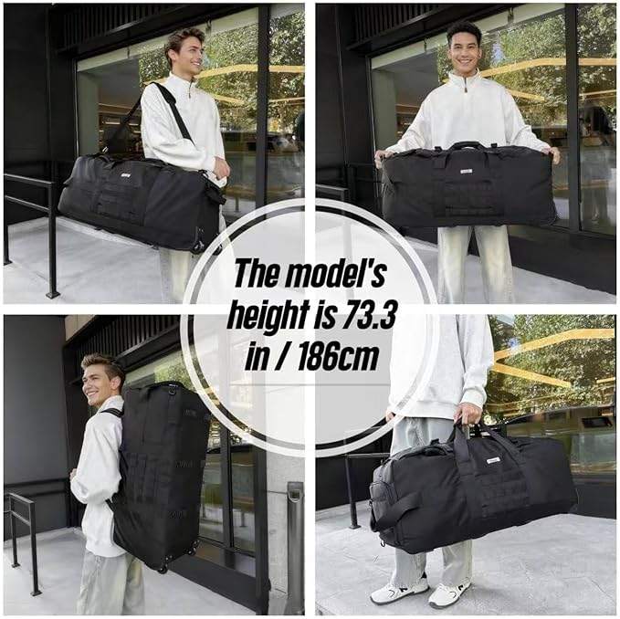 80L Waterproof Rolling Duffel Bag with Quick-Release Straps, Military Tactical Wheeled Foldable For Deployment Traveling Camping Sporting (Black+Drawstring bag)