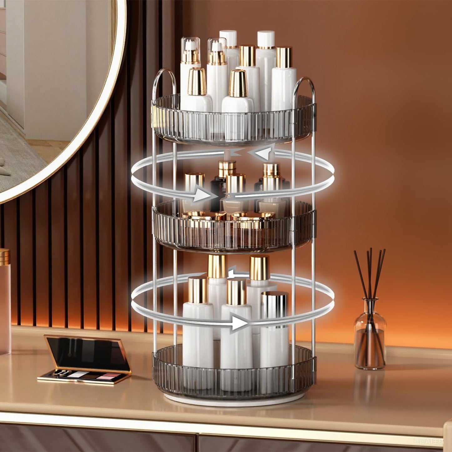 YCIA&DONE 360 Rotating Makeup Organizer and Storage for Vanity Countertop 3 Tiers, High Capacity Cosmetic Skincare Perfume Organizers for Dresser Bathroom Lazy Susan (Smoky Gray)